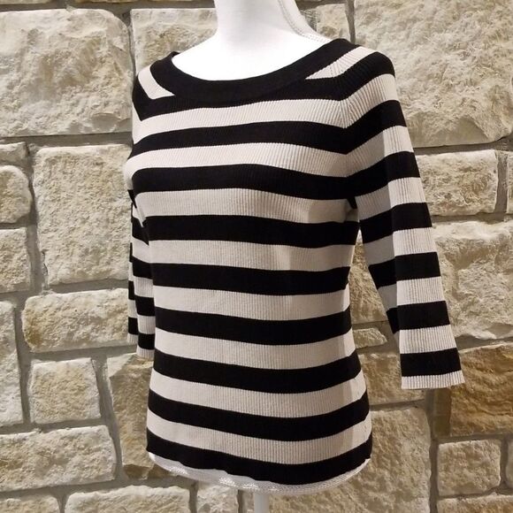 (RELATIVITY) women's ribbed sweater black tan size large graphic stripe - Picture 2 of 5